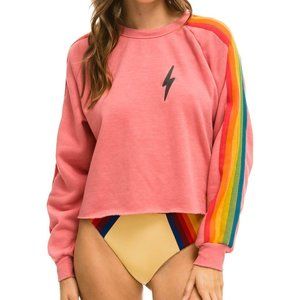 NWT AVIATOR NATION CROPPED CREW SWEATSHIRT - PINK // RAINBOW STRIPES